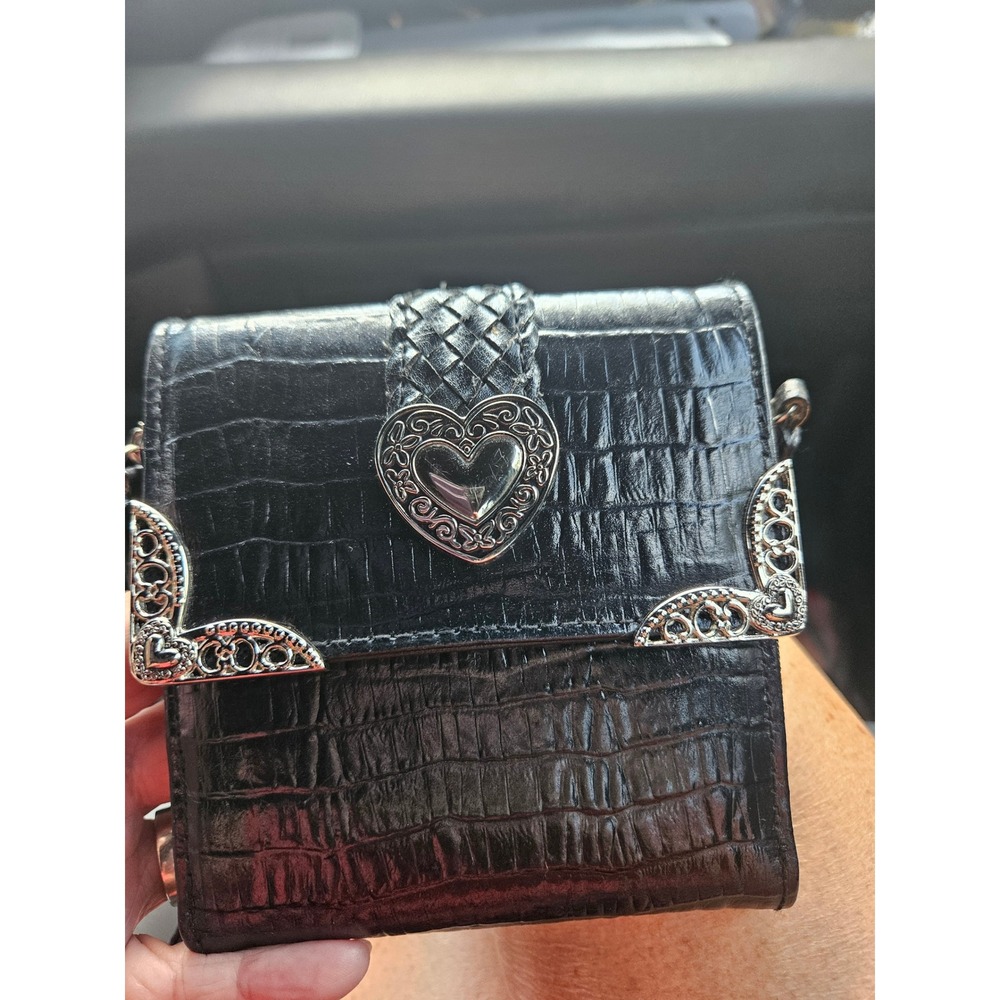 Brighton Black Croc Embossed Leather Heart Crossbody Wallet Bag Silver Hardware